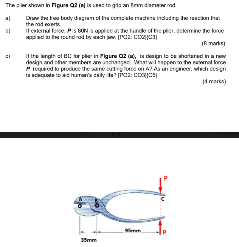 Solved The Plier Shown In Figure Q2 (a) Is Used To Grip An | Chegg.com