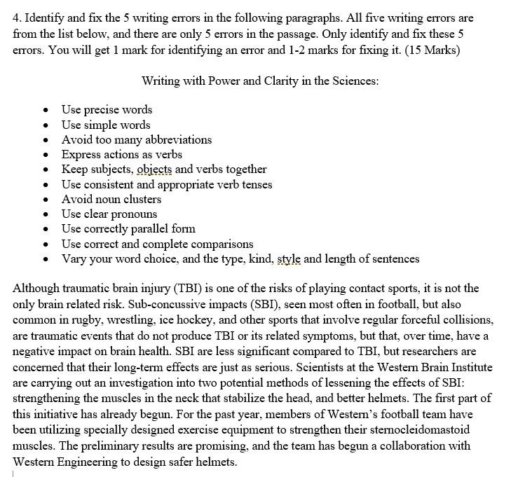 4. Identify and fix the 5 writing errors in the | Chegg.com