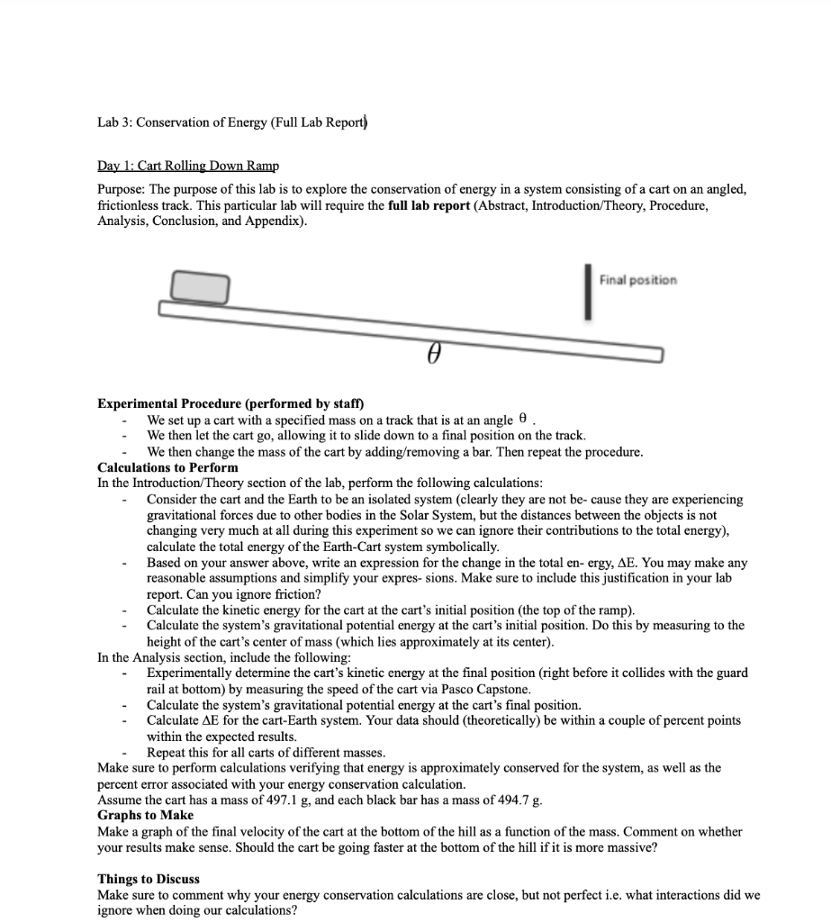 Lab 3 Conservation Of Energy Full Lab Report Day Chegg Com