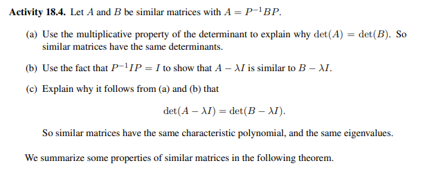 Solved Activity 18.4. Let A And B Be Similar Matrices With A | Chegg.com