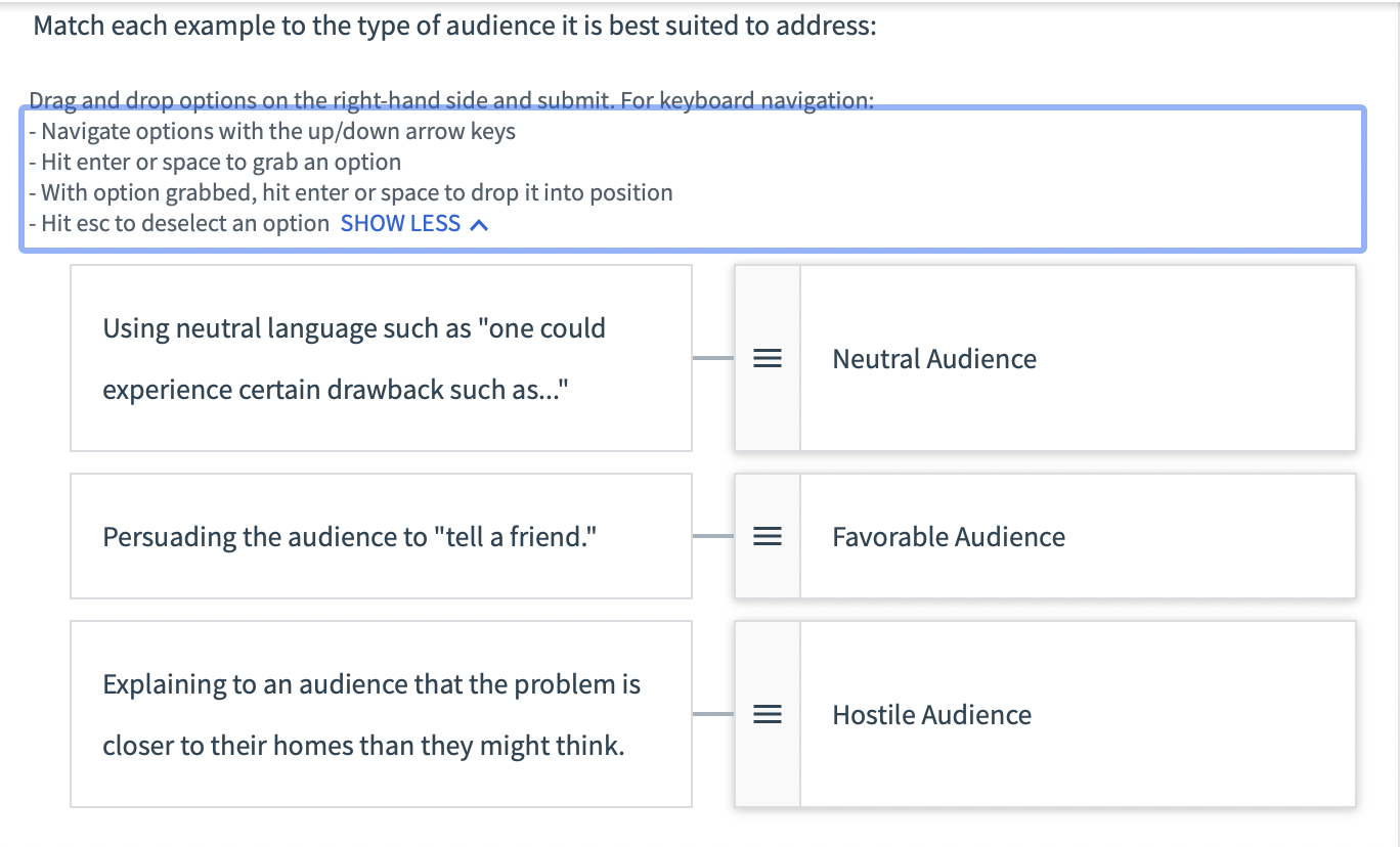 Match each example to the type of audience it is best