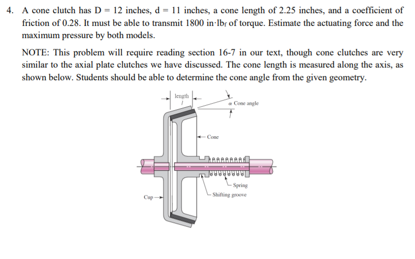 Solved 4. A cone clutch has D = 12 inches, d = 11 inches, a