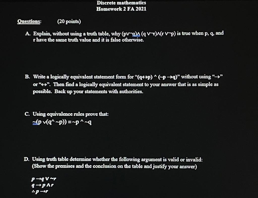 Solved Discrete Mathematics Homework 2 FA 2021 Questions: | Chegg.com