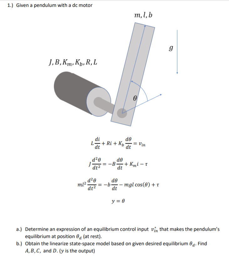 1 Given A Pendulum With A Dc Motor T 1 B J V K Chegg Com