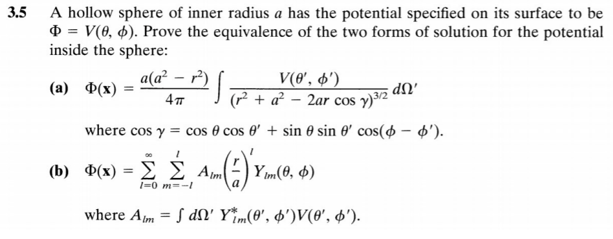 Solved A hollow sphere of inner radius a has the potential | Chegg.com