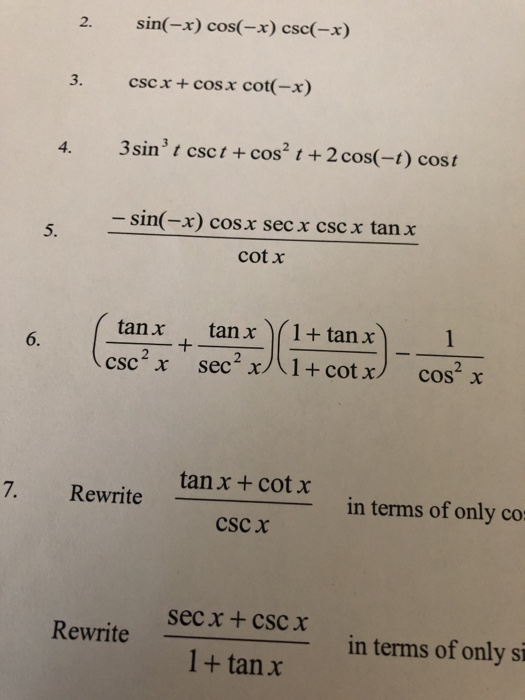Solved sin(x) cos(x) csc(x) 2. cscx+ coSx cot(x) 3. 3