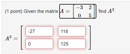 Solved -3 N (1 point) Given the matrix A find A3 0 5 -27 118 | Chegg.com