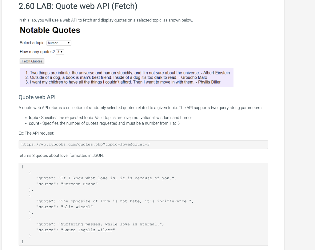 Solved 2.60 LAB: Quote web API (Fetch) In this lab, you will | Chegg.com