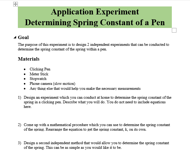 Solved Application Experiment Determining Spring Constant of