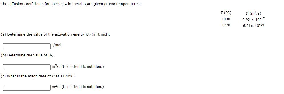 Solved The diffusion coefficients for species A in metal B | Chegg.com