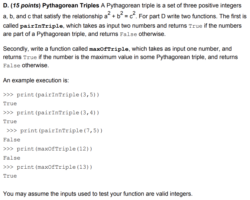 Solved D. (15 points) Pythagorean Triples A Pythagorean | Chegg.com