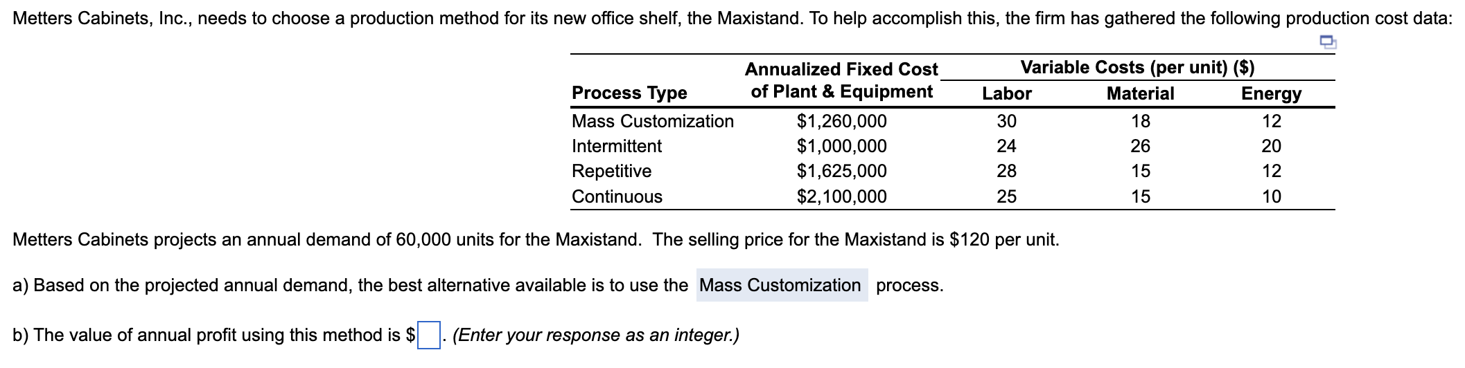 Solved Metters Cabinets, Inc., needs to choose a production | Chegg.com