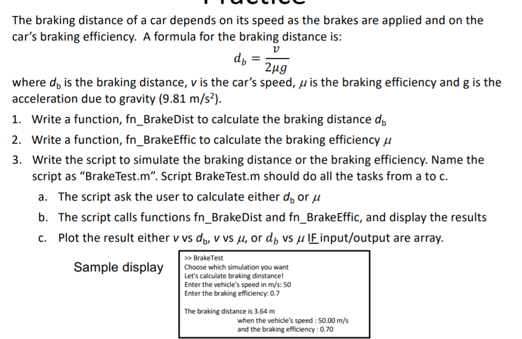 Solved The braking distance of a car depends on its speed as