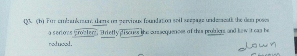 Q3. (b) For embankment dams on pervious foundation soil seepage underneath the dam poses a serious problem, Briefly discuss t