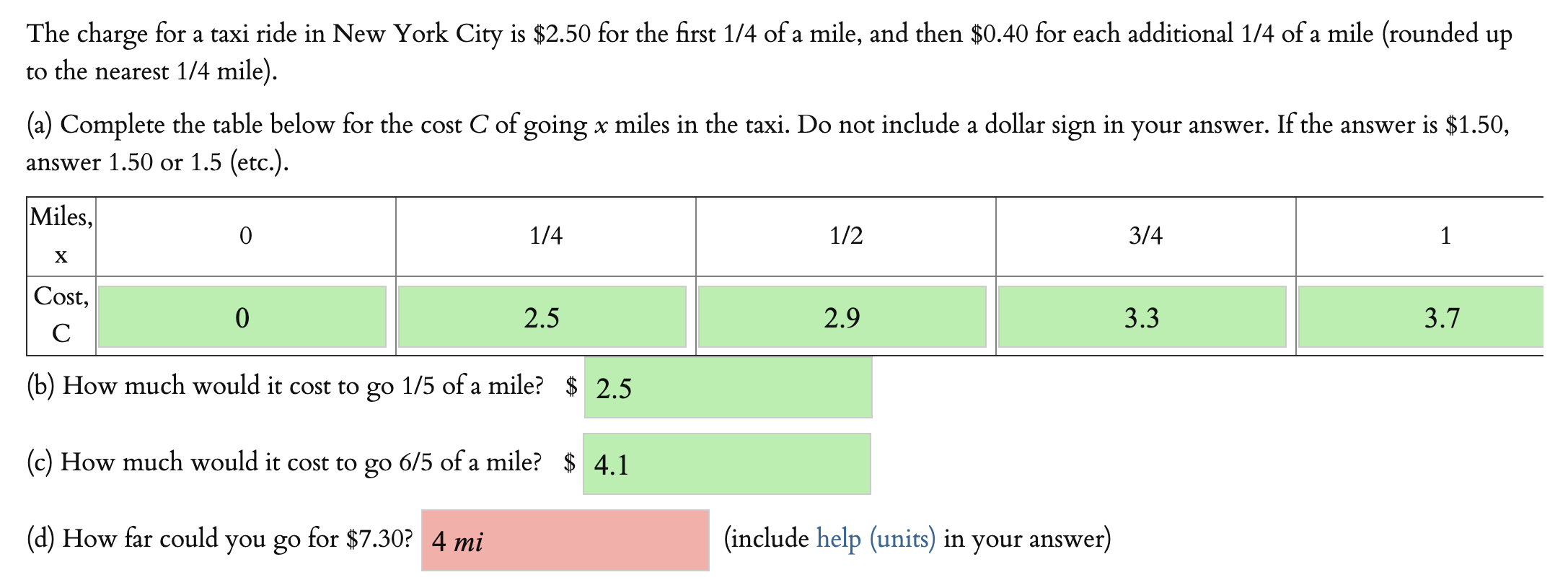 How Much Is A Mile >> Solved The Charge For A Taxi Ride In New York City Is 2 How Much Is A Mile >> Solved The Charge For A Taxi Ride In New York City Is 2