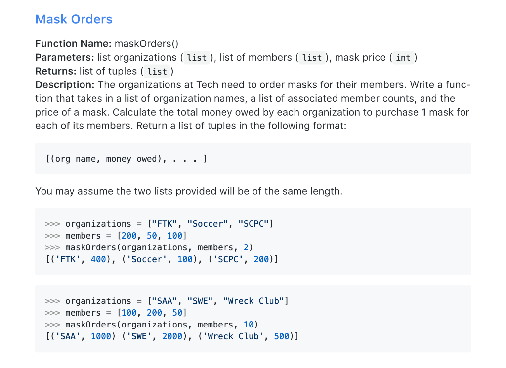 Solved Mask Orders Function Name: maskOrders() Parameters: | Chegg.com