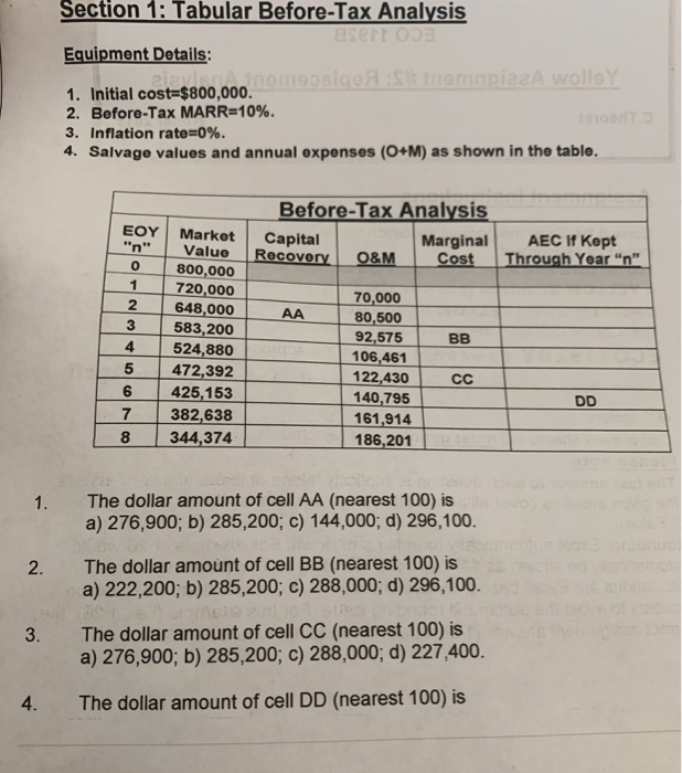 Solved Section 1: Tabular Before-Tax Analysis Equipment | Chegg.com