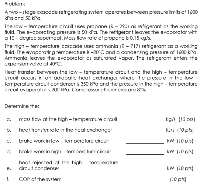 Solved Problem: A two-stage cascade refrigerating system | Chegg.com