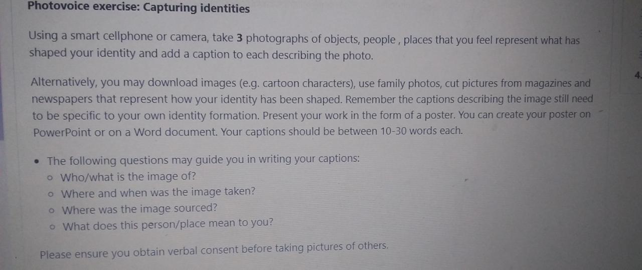 Photovoice exercise: Capturing identities Using a 
