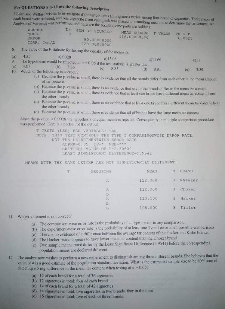 Solved For QUESTIONS 8 to 13 use the following description