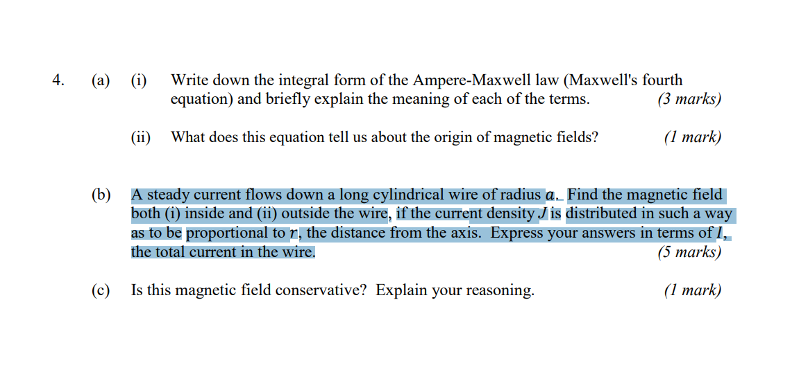 Solved A steady current flows down a long cylindrical wire | Chegg.com
