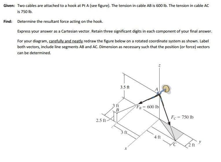 Solved Given: Two cables are attached to a hook at Pt A (see