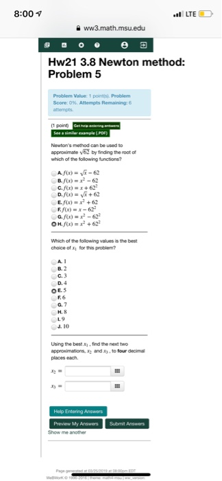 Solved 8 00 Oo θ囹 Hw21 3 8 Newton Method Problem 5 Problem