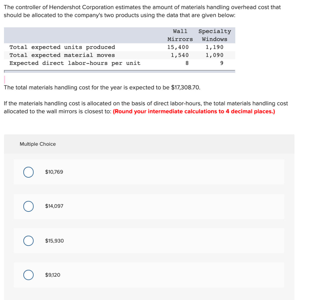 Solved The controller of Hendershot Corporation estimates | Chegg.com