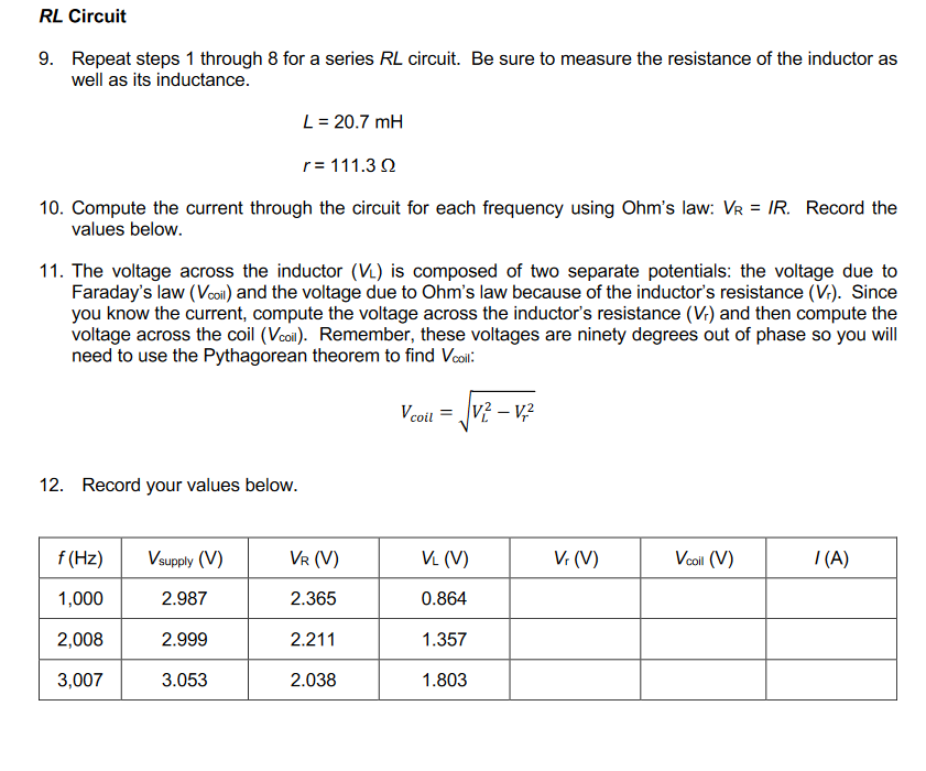 Solved RL Circuit 9. Repeat steps 1 through 8 for a series | Chegg.com