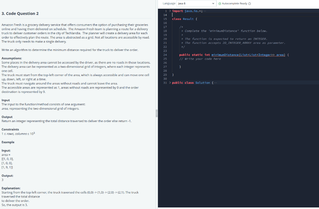 Solved Language Java 8 Autocomplete Ready O 3. Code | Chegg.com