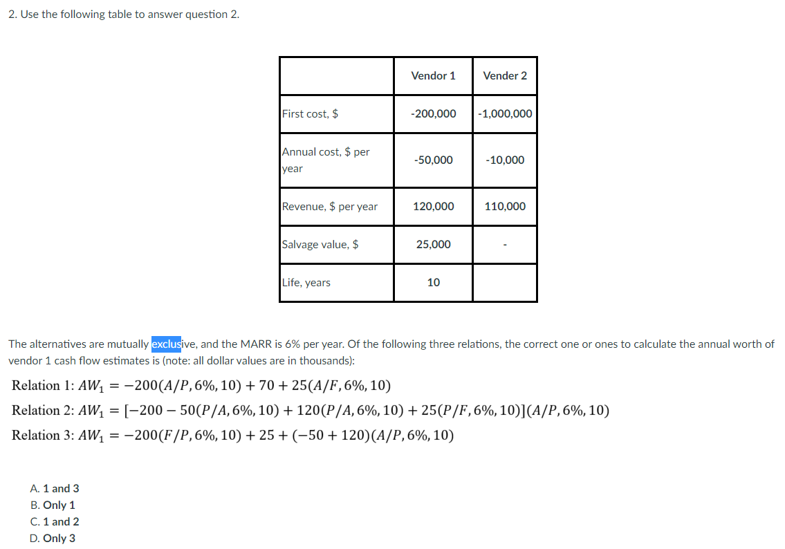 Solved 2. Use the following table to answer question 2. | Chegg.com