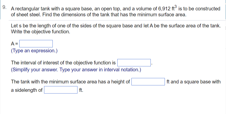 Solved A rectangle with a square base and and open top has a | Chegg.com