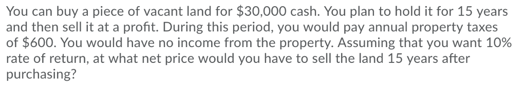 Solved You can buy a piece of vacant land for $30,000 cash. | Chegg.com