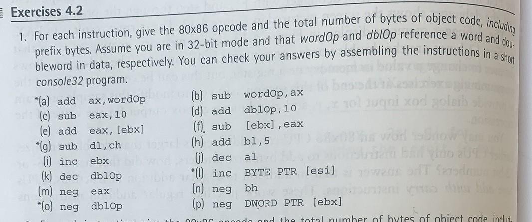 Exercises 4.2 1. For each instruction, give the 80×86 | Chegg.com