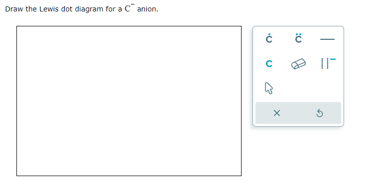 Draw the Lewis dot diagram for a \( \mathrm{C}^{-} \)anion.