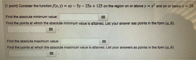 Solved (1 point) Consider the function f(x,y) = xy - 5y - | Chegg.com