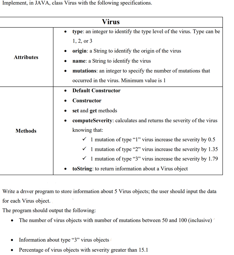 Solved Implement, in JAVA, class Virus with the following | Chegg.com