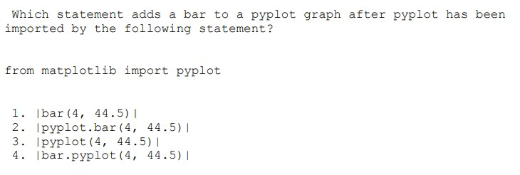 Solved Which statement adds a bar to a pyplot graph after | Chegg.com