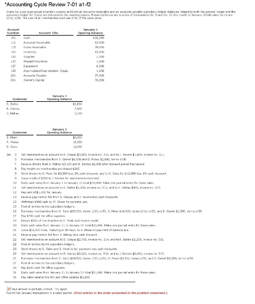 Accounting Cycle Review 7 01 A 1 F2 Crane Co Uses Chegg Com