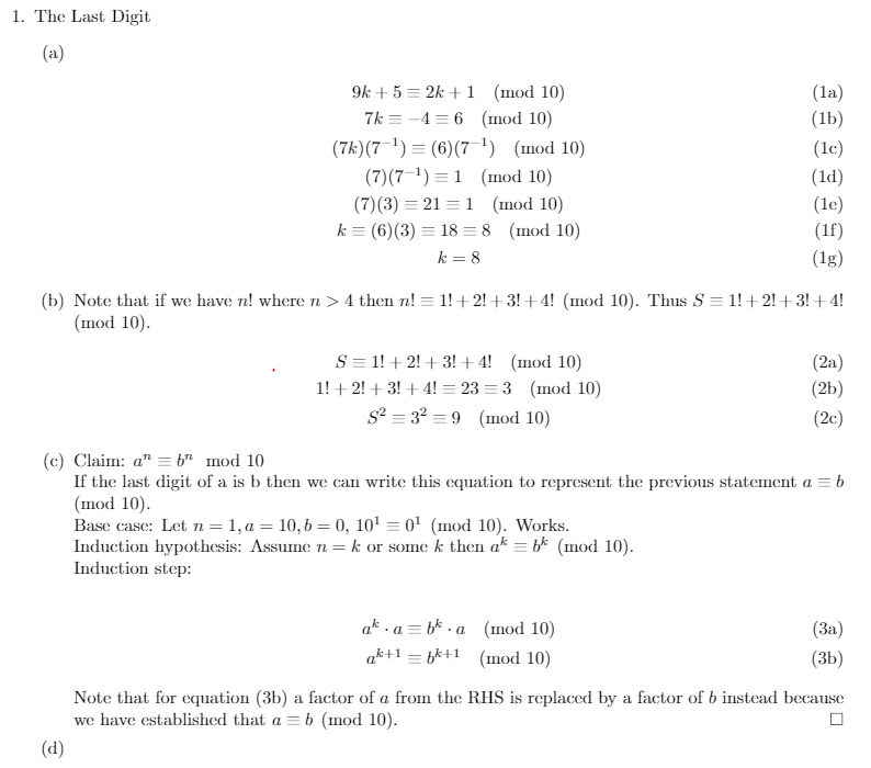 Solved 1 The Last Digit In each case show your work and | Chegg.com