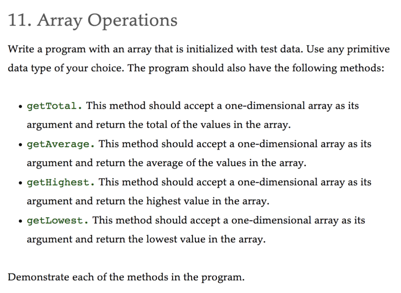 Solved 11. Array Operations Write a program with an array | Chegg.com image.