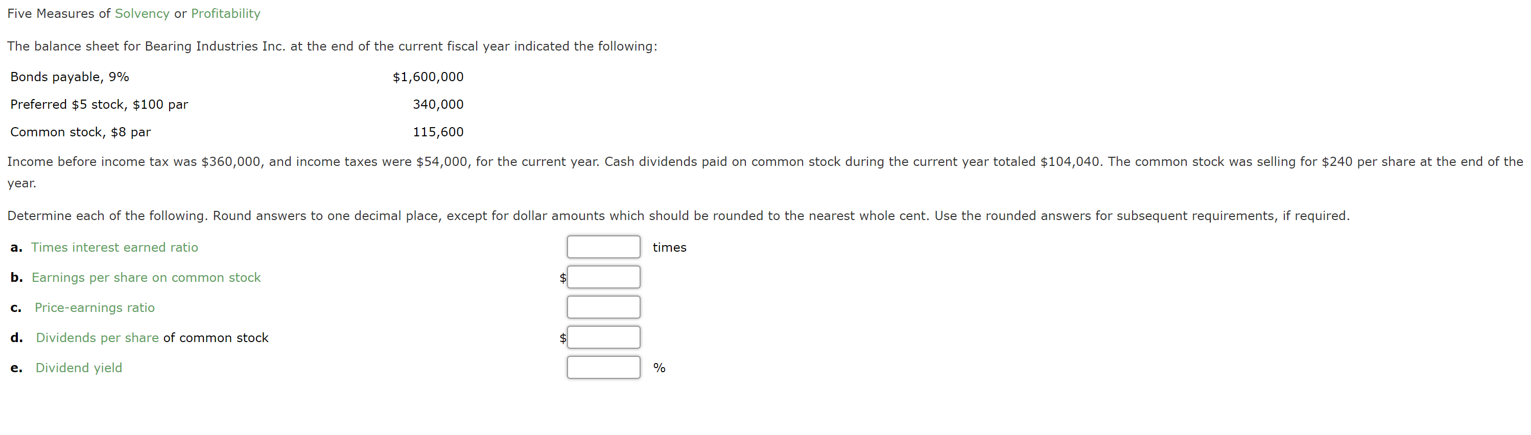 Solved Five Measures of Solvency or Profitability The | Chegg.com