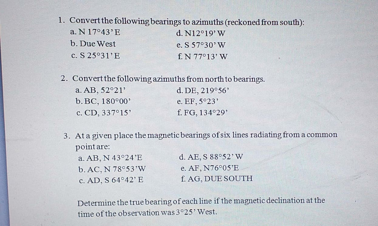 Solved 1 Convert The Following Bearings To Azimuths Rec Chegg Com