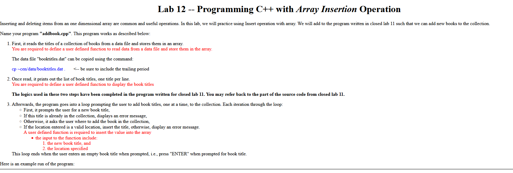 Solved Lab 12 Programming C++ with Array Insertion Operation | Chegg.com