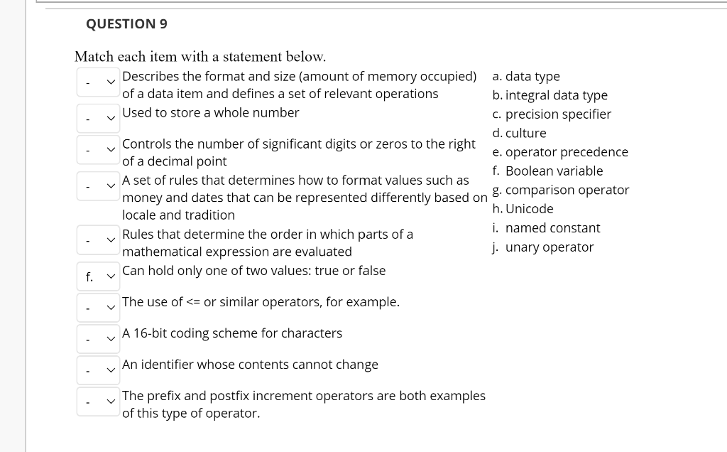 Solved QUESTION 9 V Match each item with a statement below. | Chegg.com