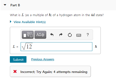Solved Part B What Is L As A Multiple Of ħ Of A Hydroge Chegg Com
