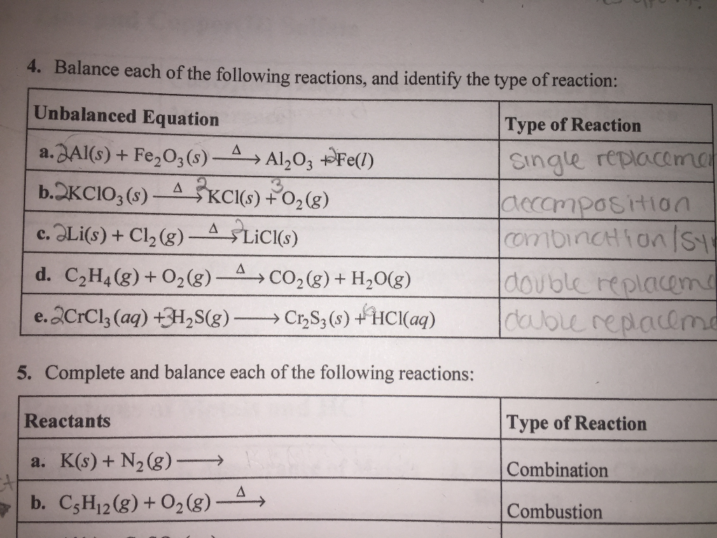 Solved 4 Balance Each Of The Following Reactions And