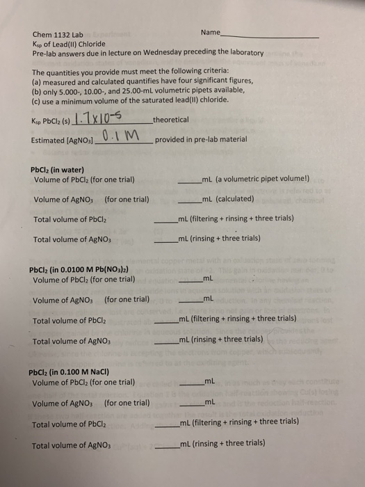 Name Chem 1132 Lab Ksp of Lead(II) Chloride Prelab