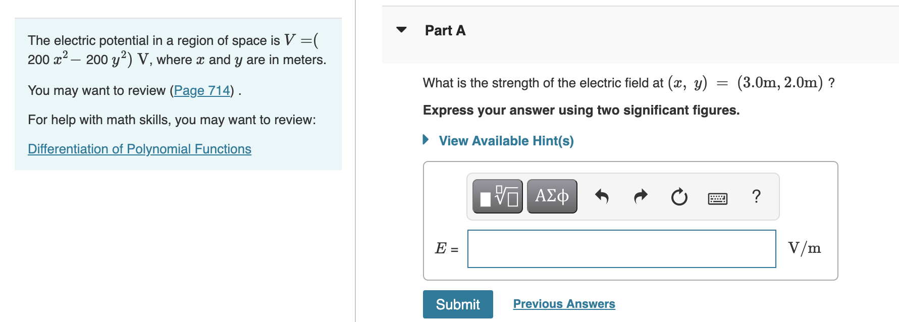 Solved Part A The electric potential in a region of space is | Chegg.com