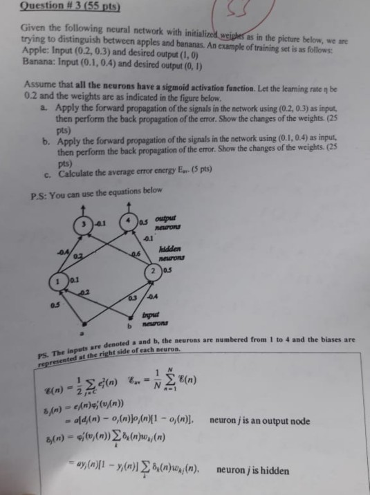 Question # 3 (55 pts) Given the following neural network with initialized wejghes as in the picture below, we are trying to d